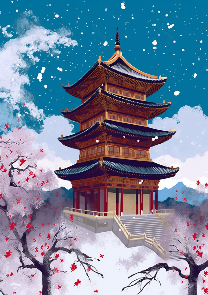 亭台楼台雪花飘飘的中国风唯美背景,插画/手绘图,插画/手绘图库,插画/手绘图下载,插画/手绘